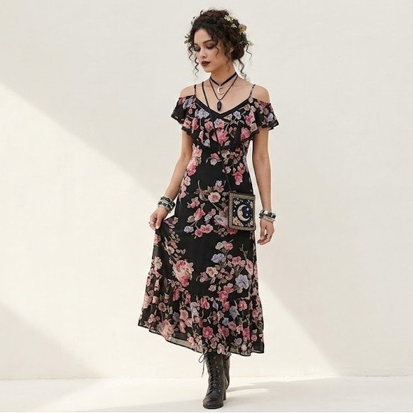 White House Black Market Dresses & Skirts - WHBM Floral Maxi Dress 6 Black Pink Cold Shoulder Ruffle Cottagecore Whimsigoth